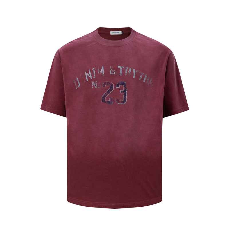 Washed vintage letter printed short sleeved T-shirt for men | MuddyStock Originals Burgundy