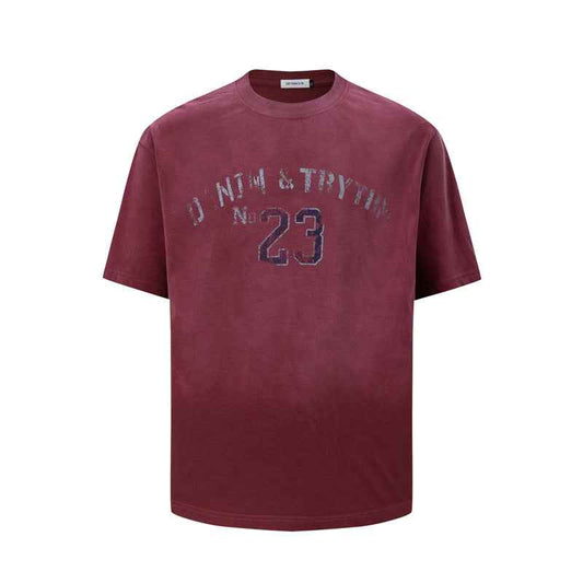 Washed vintage letter printed short sleeved T-shirt for men | MuddyStock Originals Burgundy