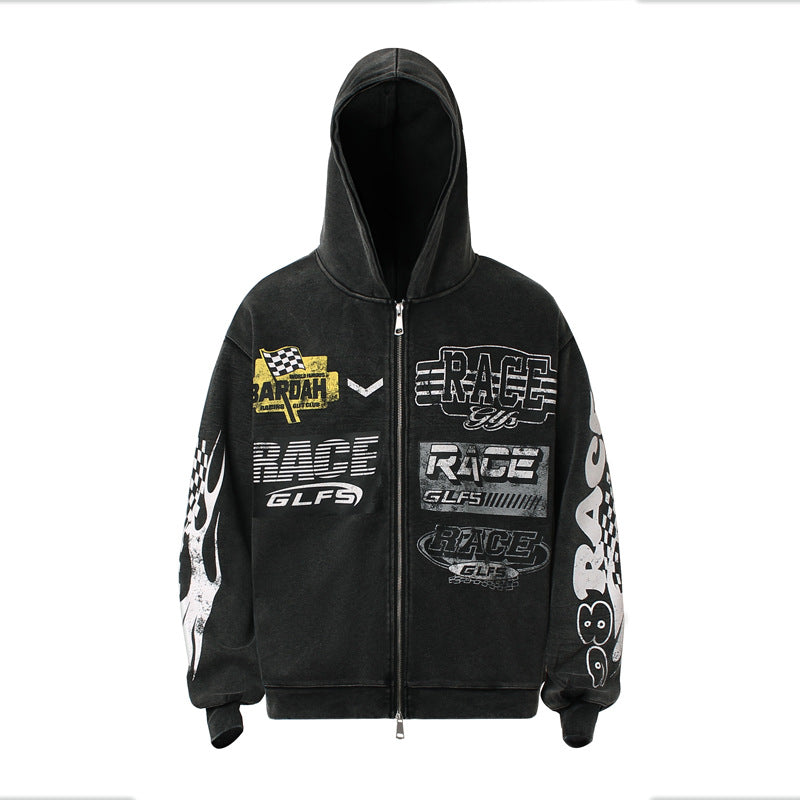 Retro Racing Slogan Washed Zip-Up Hoodie, Unisex Casual Oversized Couple Hooded Sweatshirt Jacket Distressed Black eprolo