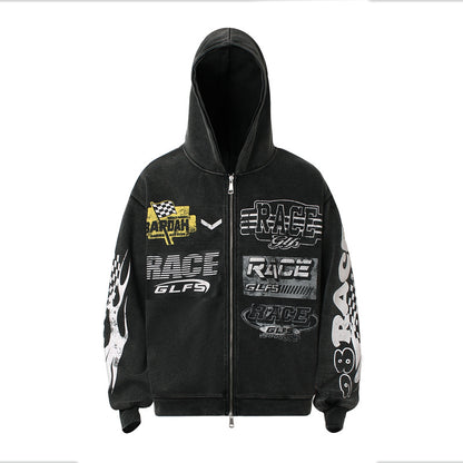 Retro Racing Slogan Washed Zip-Up Hoodie, Unisex Casual Oversized Couple Hooded Sweatshirt Jacket Distressed Black eprolo