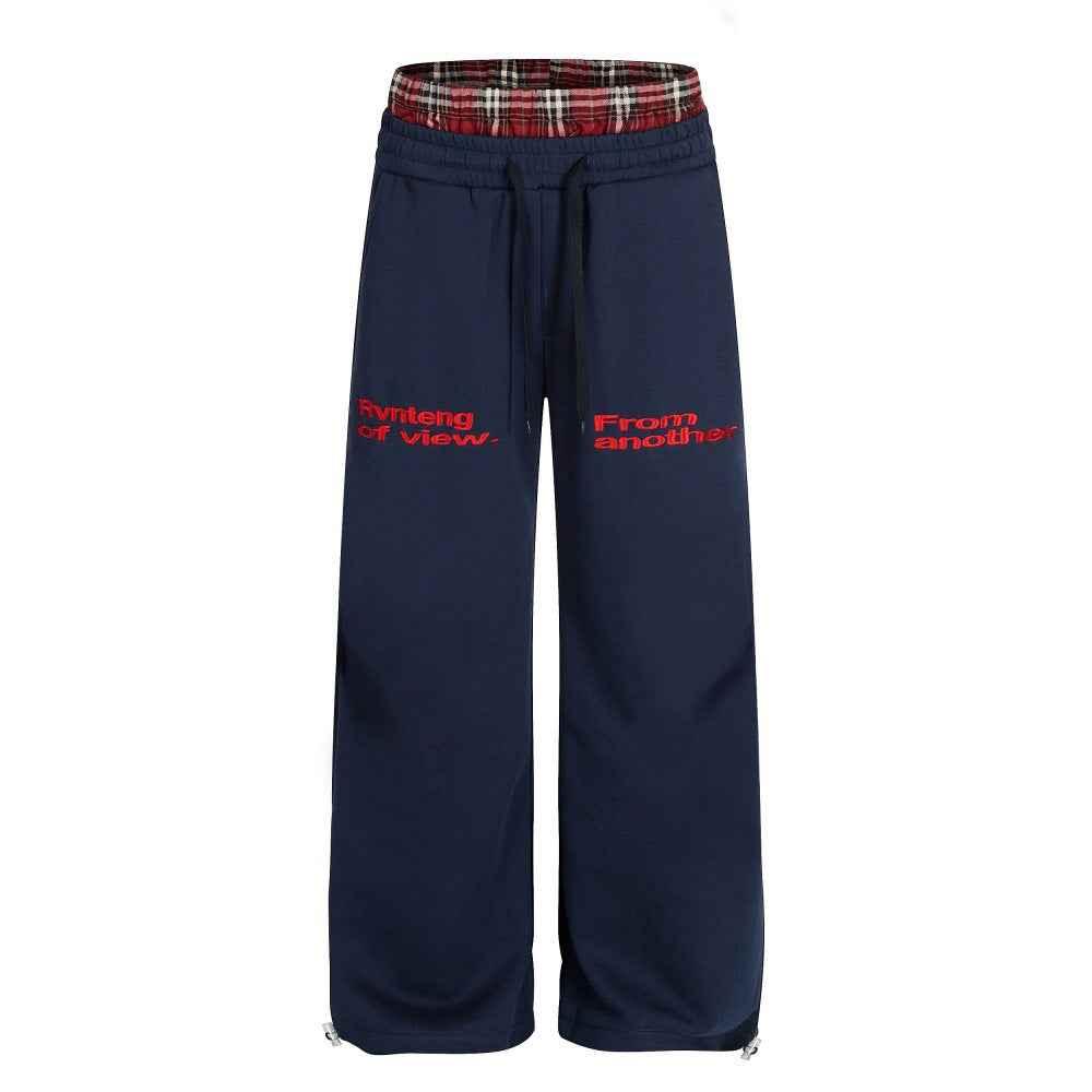 Fake two piece checkered spliced double leg pants for women | MuddyStock Originals Navy Blue