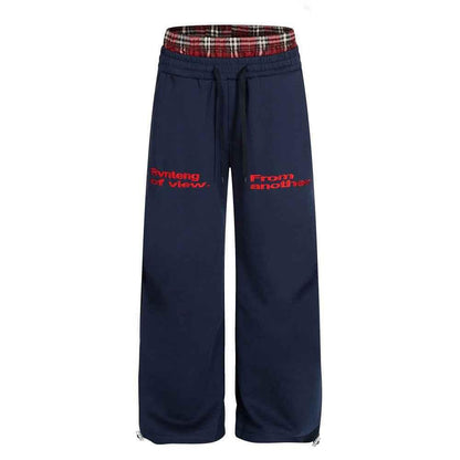 Fake two piece checkered spliced double leg pants for women | MuddyStock Originals Navy Blue