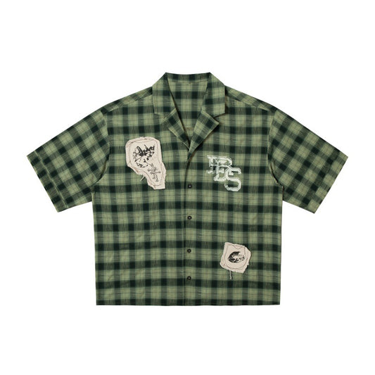 Graffiti sticker checkered men's and women's loose silhouette shirt