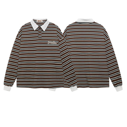 Retro Striped Letter Embroidered Polo Collar Long Sleeve T-Shirt For Men | MuddyStock Originals eprolo