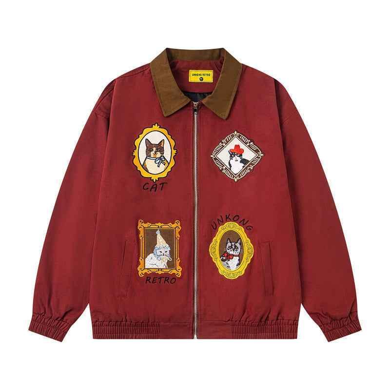 Chinoiserie Vintage Cat Embroidery Patchwork Jacket for Men and Women | MuddyStock Originals Red