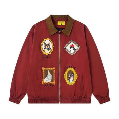 Chinoiserie Vintage Cat Embroidery Patchwork Jacket for Men and Women | MuddyStock Originals Red