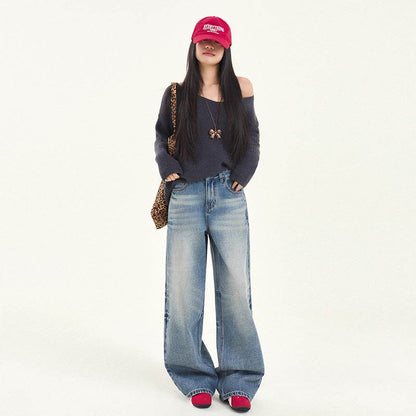 Women's Washed High Street Floor-Length Denim Pants Spring High Waist Slimming Loose Wide-Leg Pants Vintage Blue # Extended Length eprolo
