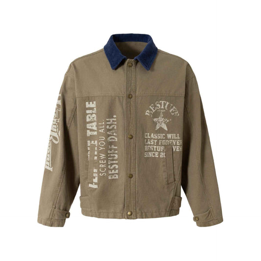 Street Style High-Street Spliced Collar Printed Work Jacket For Men | MuddyStock Originals Coffee Brown