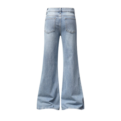 Light Blue Washed Micro Flare Jeans with Star Button Side Slit Hem | MuddyStock Originals