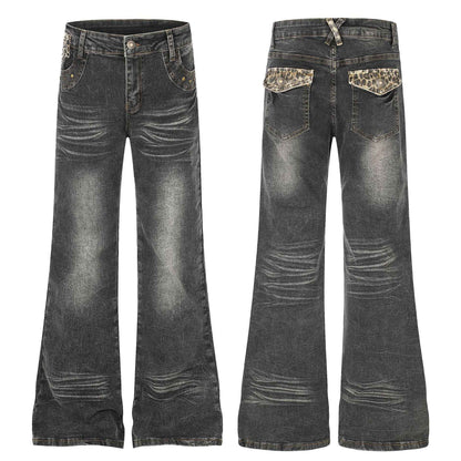 Women's High Waist Denim Flare Jeans with Leopard Patchwork | MuddyStock Originals