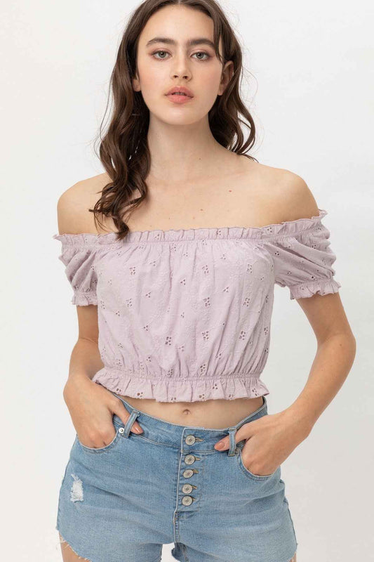 Off Shoulder Cropped Puff Sleeve Top For Women L