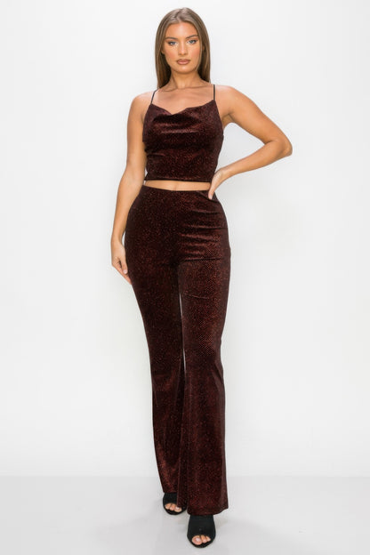 Glittery Flare High-rise Elastic Pants For Women