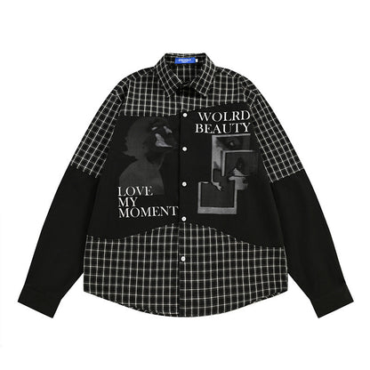 Men's Loose Hip Hop Style Color Block Irregular Plaid Long Sleeve Shirt
