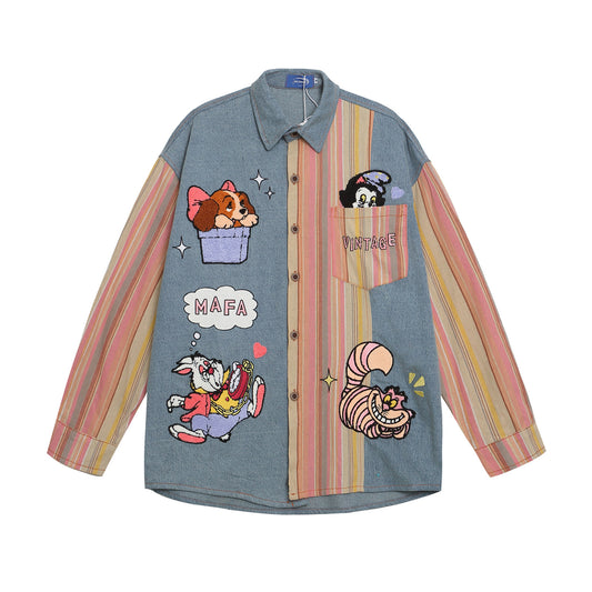 Cartoon Embroidery Long Sleeve Shirt Unisex Splicing Loose Casual Versatile Couple Blouse Jacket