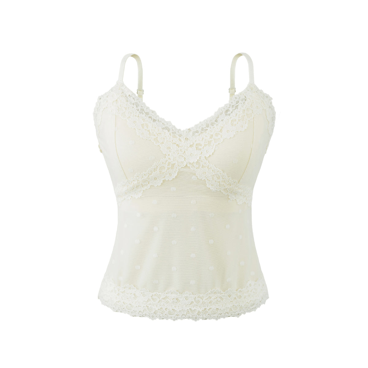 Polka Dot Lace Sleeveless Camisole Top with Built-in Pads White