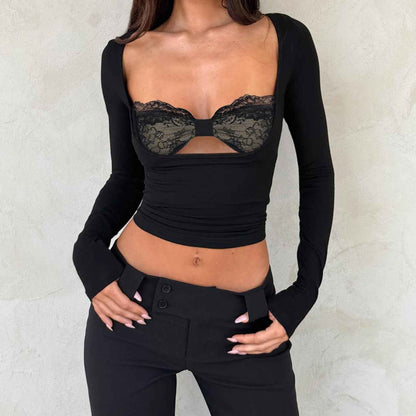 Lace patchwork fake two slim top | MuddyStock Originals