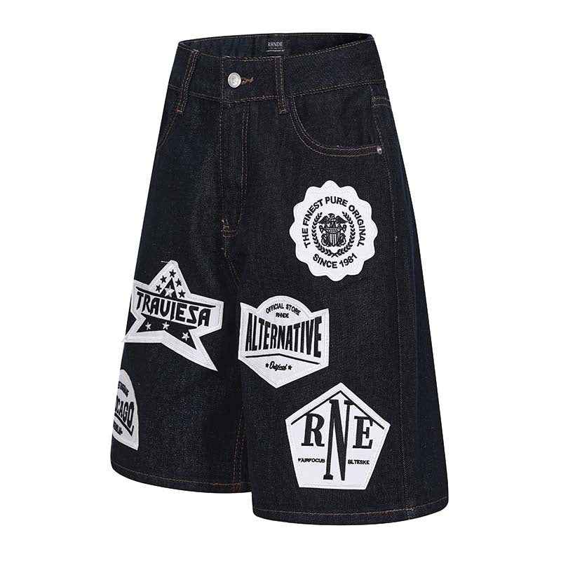 Emblem patch embroidery washed denim shorts