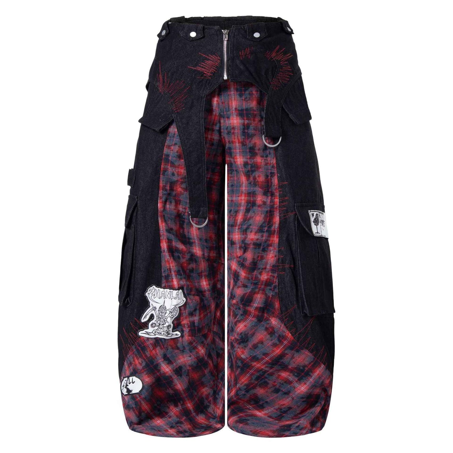 Patchwork plaid workwear jeans with waistband | MuddyStock Originals Black and Red