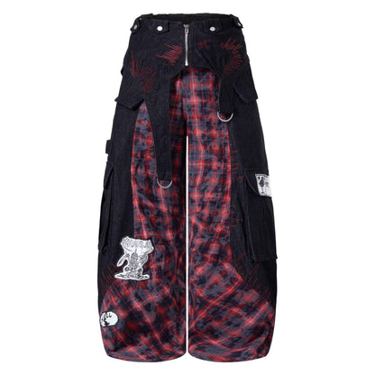 Patchwork plaid workwear jeans with waistband | MuddyStock Originals Black and Red