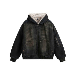 Distressed Washed Fur Collar Fleece Lined Workwear Hoodie For Men | MuddyStock Originals Dark Blue