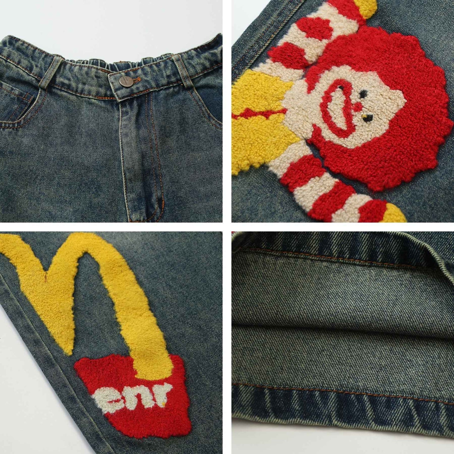 Retro Washed Denim Trousers with Cartoon Embroidery For Men And Women | MuddyStock Originals