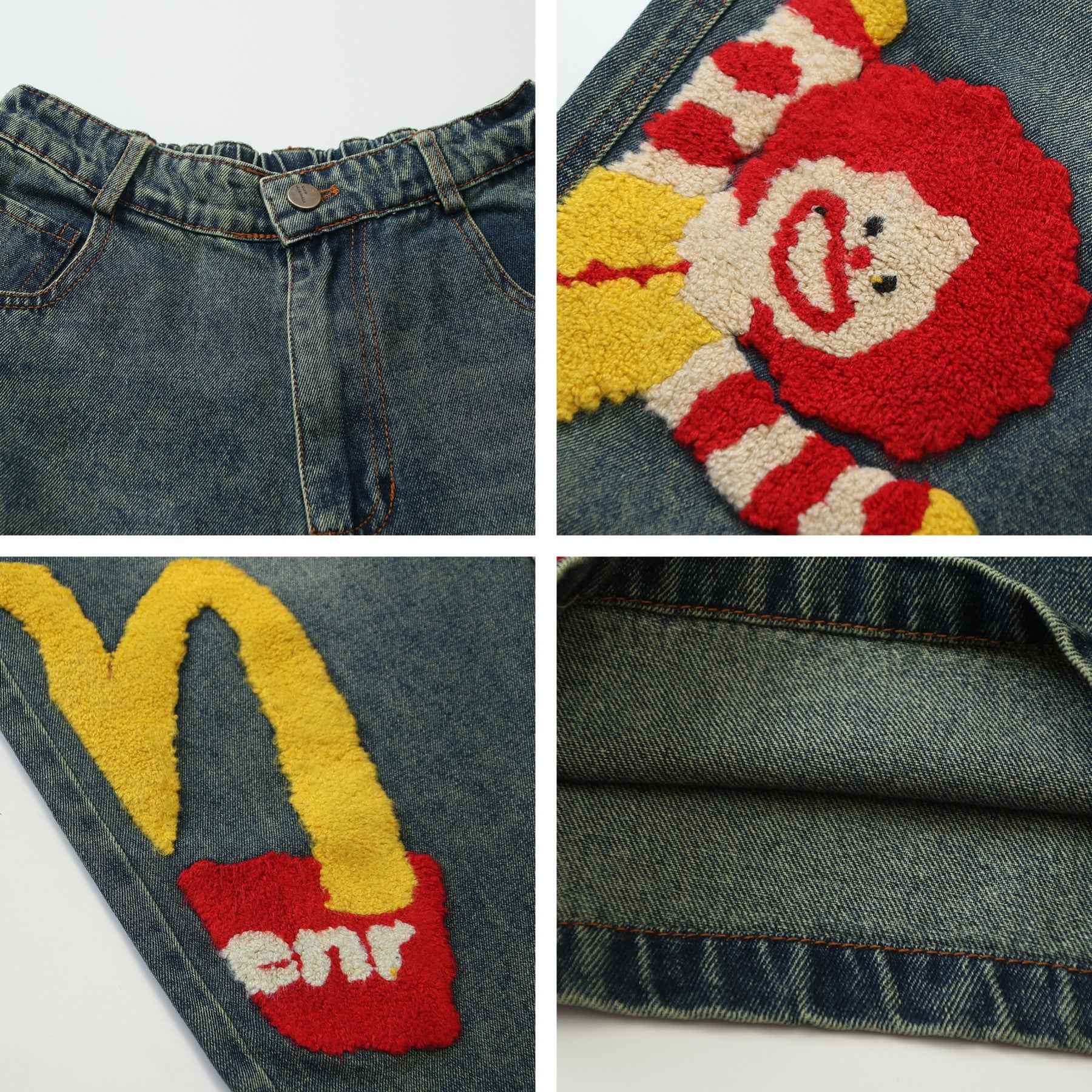 Retro Washed Denim Trousers with Cartoon Embroidery For Men And Women | MuddyStock Originals