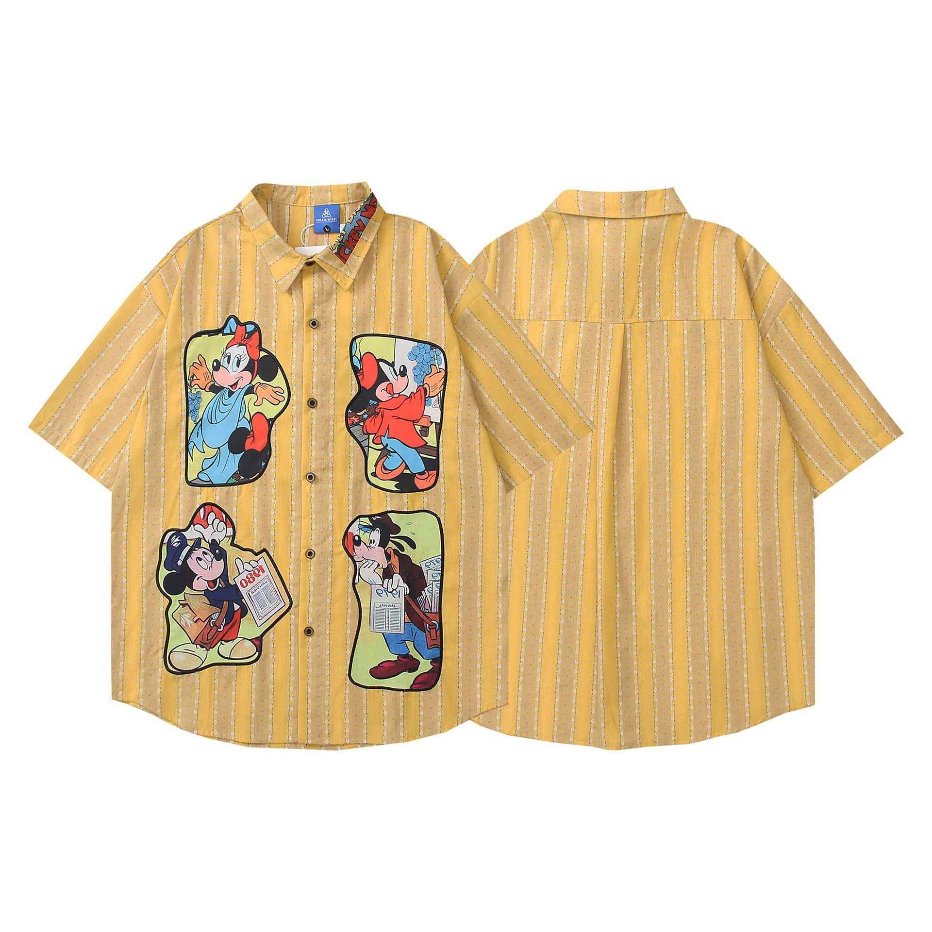 Retro Cartoon Applique Striped Short Sleeve Shirt for Men and Women | MuddyStock Originals