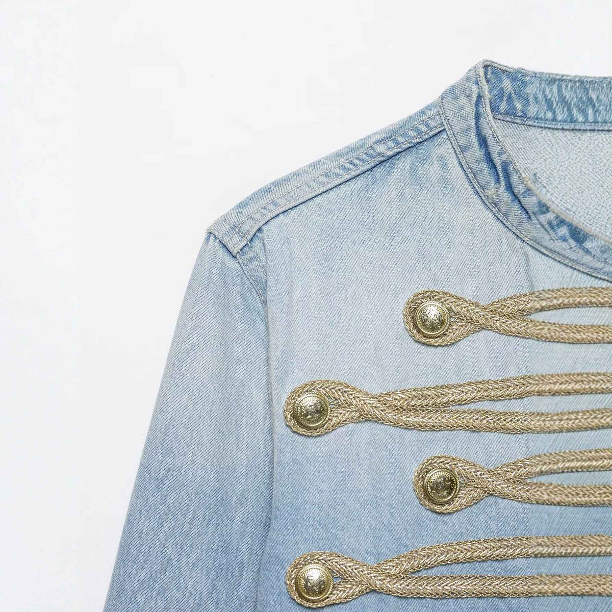 Casual knot button decoration stand collar denim jacket for women | MuddyStock Originals