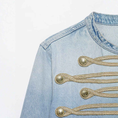 Casual knot button decoration stand collar denim jacket for women | MuddyStock Originals