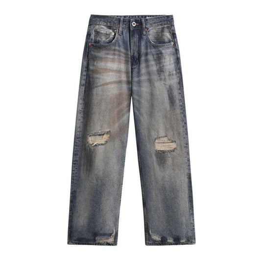 Ripped worn dirty straight leg jeans for men | MuddyStock Originals Blue