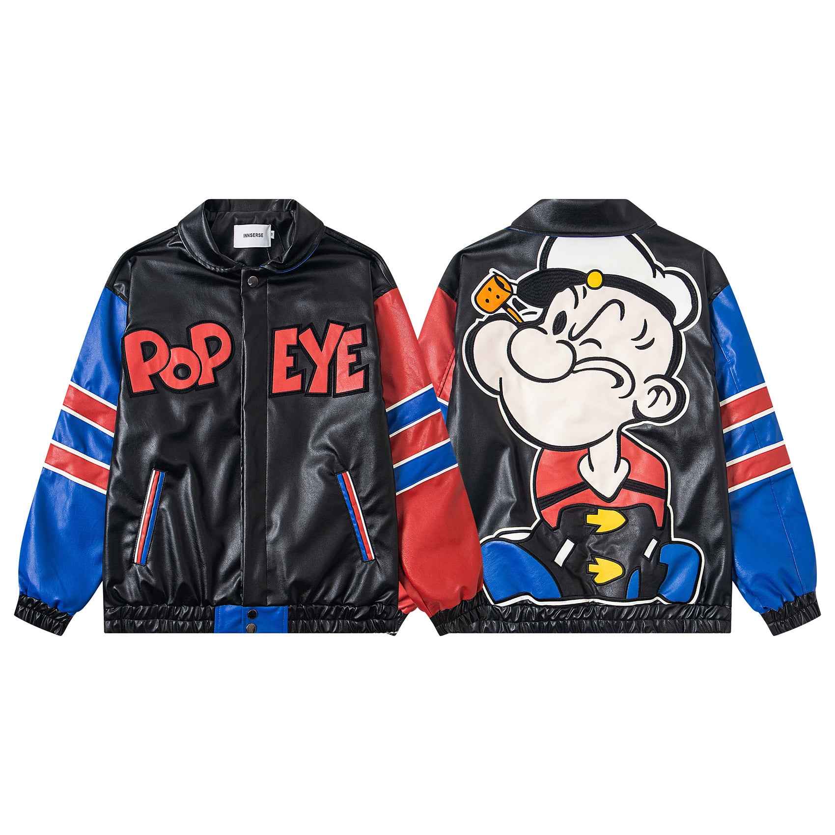 Patchwork Color-blocked Cartoon Lapel Leather Jacket For Men | MuddyStock Originals