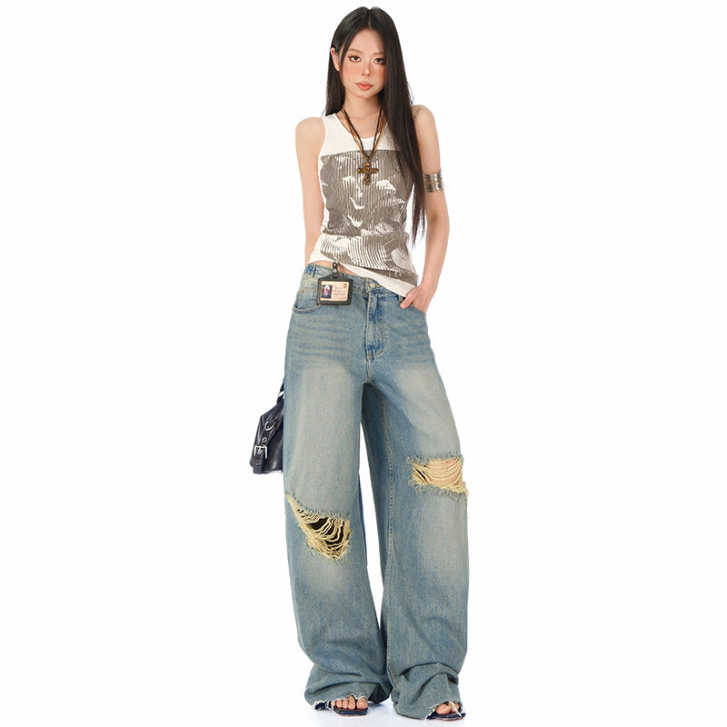 Women's Distressed Straight High Waist Loose Wide Leg Pants | MuddyStock Originals MuddyStock