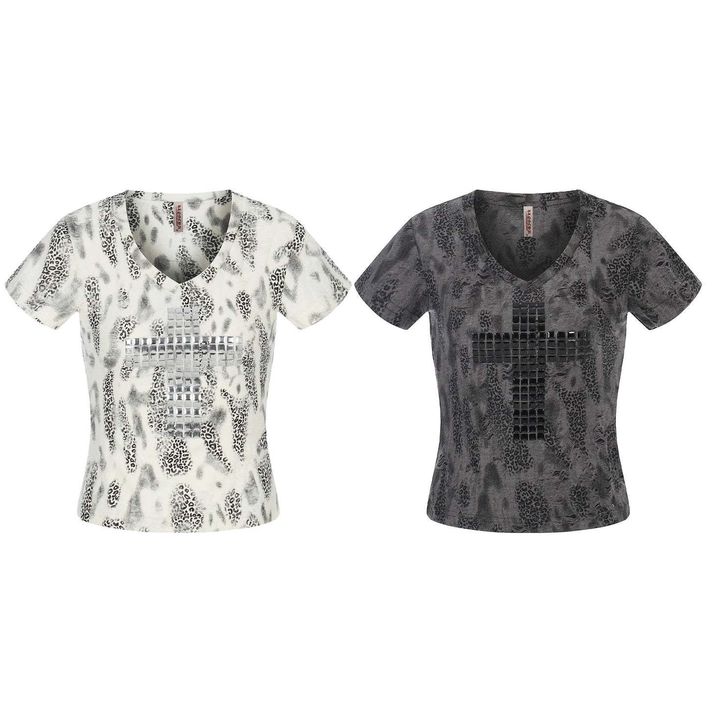 Distressed Leopard Print V-Neck Short Sleeve T-Shirt Top For Women | MuddyStock Originals