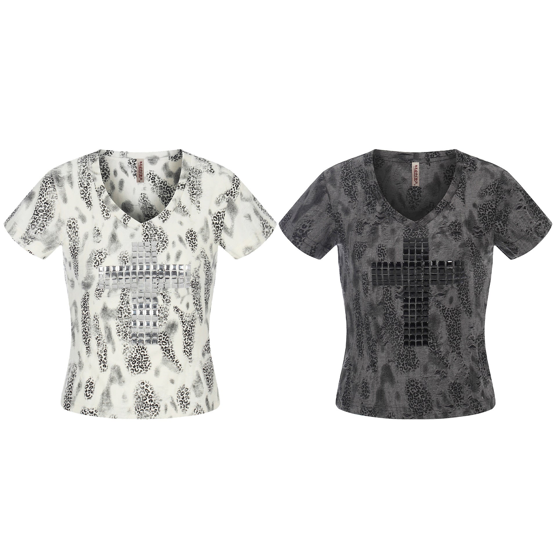 Distressed Leopard Print V-Neck Short Sleeve T-Shirt Top For Women | MuddyStock Originals