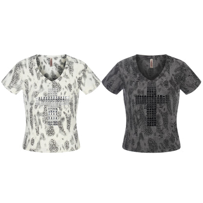 Distressed Leopard Print V-Neck Short Sleeve T-Shirt Top For Women | MuddyStock Originals