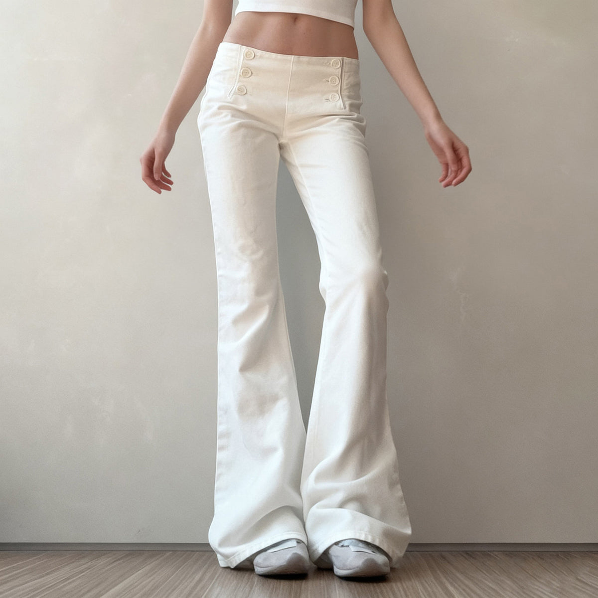 Low waist slimming and slightly flared white stretch jeans