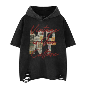 Streetwear Unique Design Washed Hooded Short Sleeve T-Shirt For Men And Women | MuddyStock Originals Black