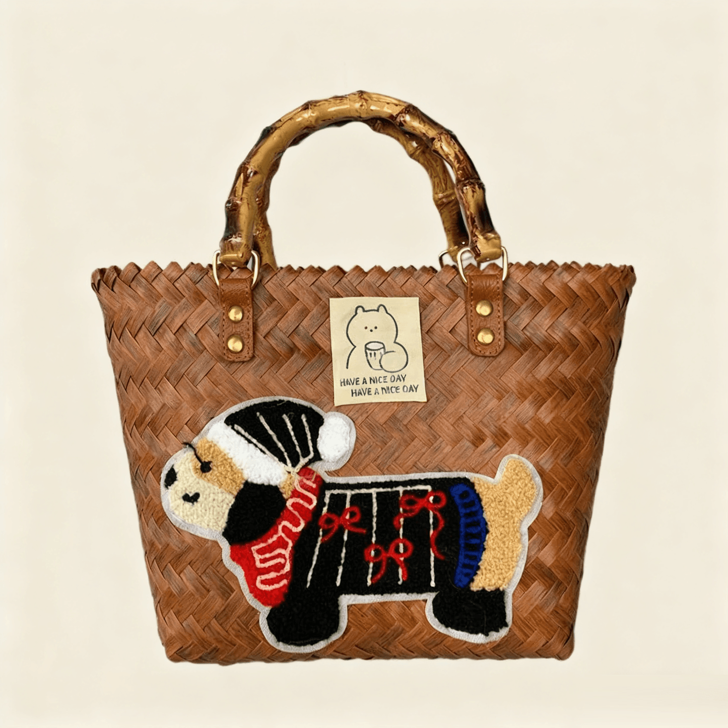 Large capacity sausage dog hand woven cabbage basket bag Bamboo Node - Vintage Brown Bowknot Dog