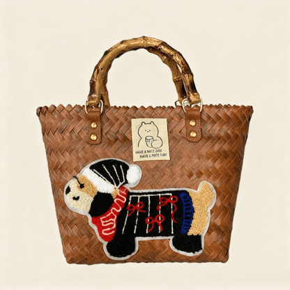 Large capacity sausage dog hand woven cabbage basket bag Bamboo Node - Vintage Brown Bowknot Dog