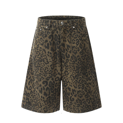 Leopard print denim seven quarter shorts