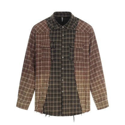 Color blocking checkered patchwork fringed shirt for men | MuddyStock Originals Brown