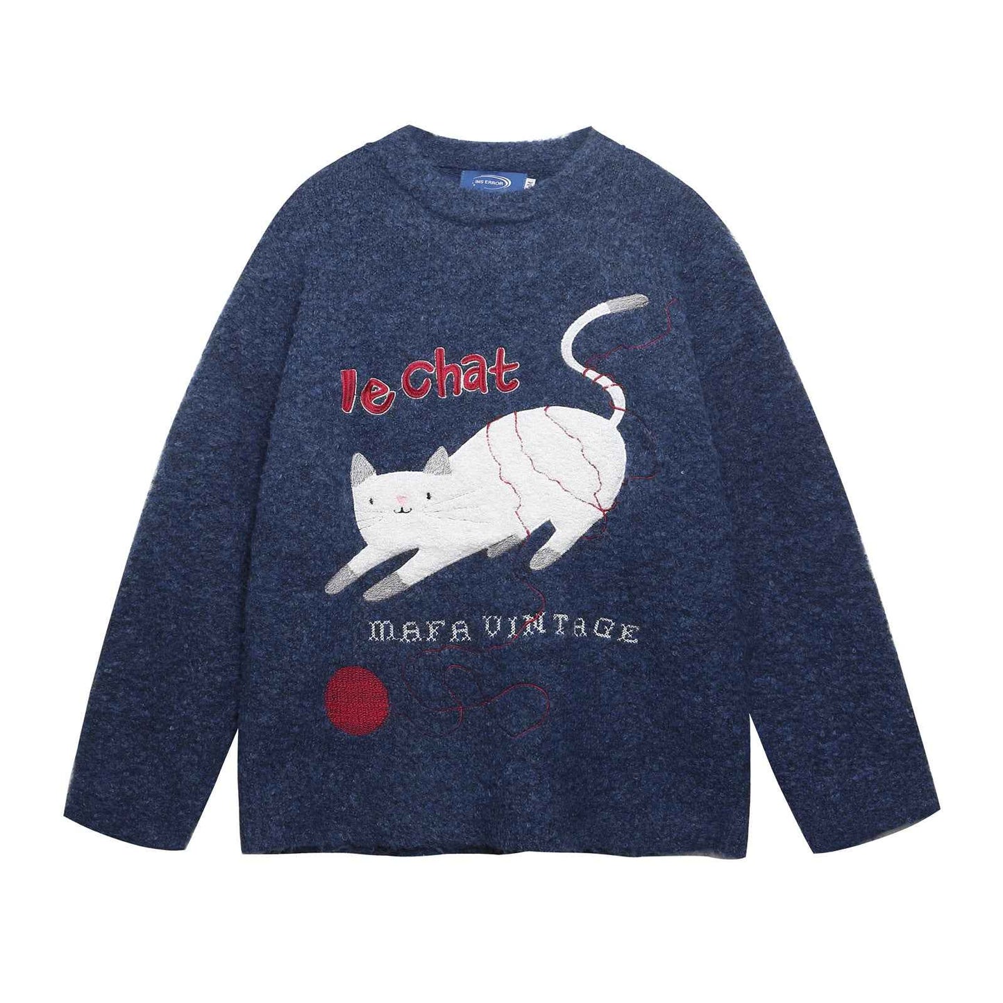 Retro Fun Cute Cat Jacquard Knit Sweater for Women | MuddyStock Originals Blue MuddyStock