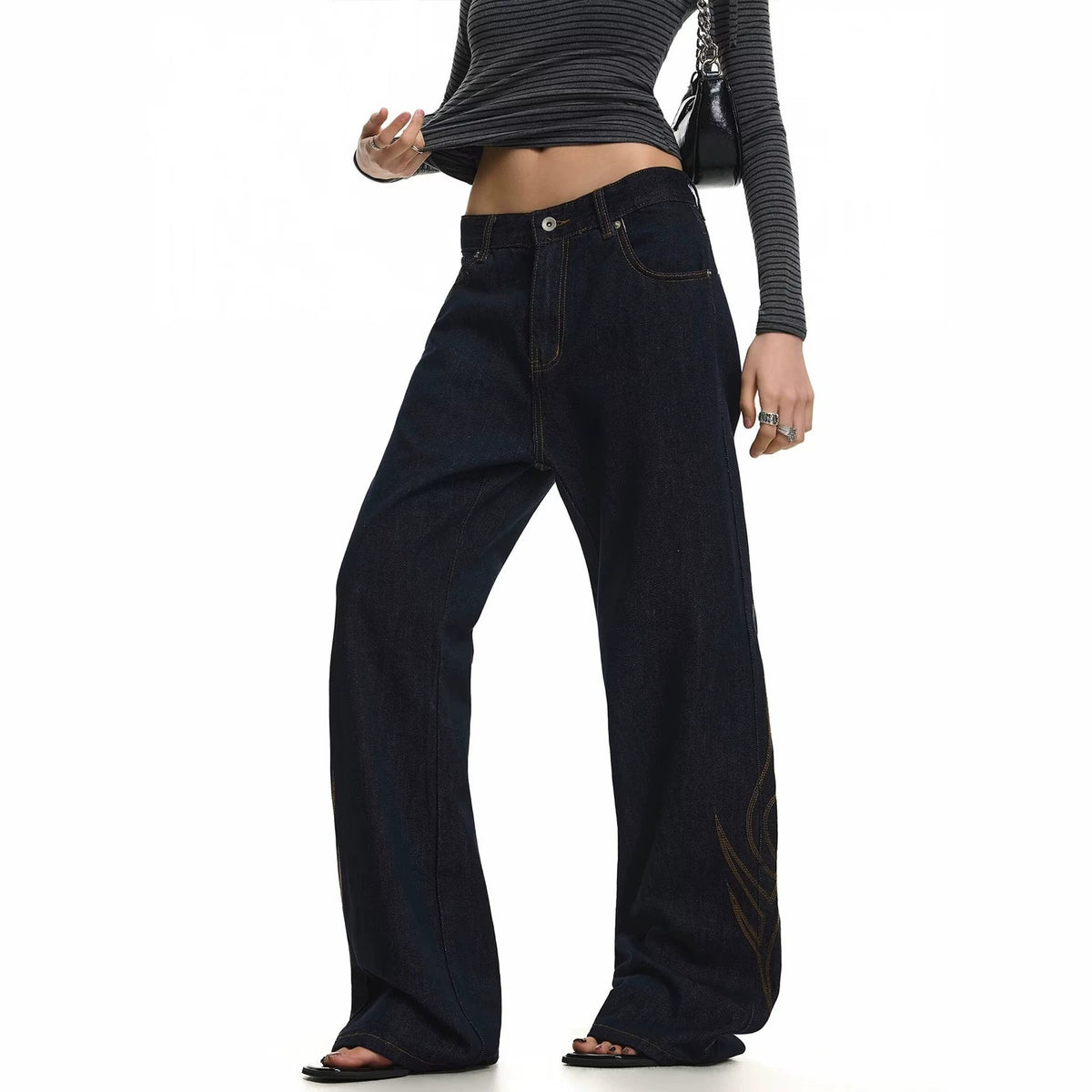 Vintage Tribal Embroidery Slim Fit Flared Denim High Waist Zipper Jeans