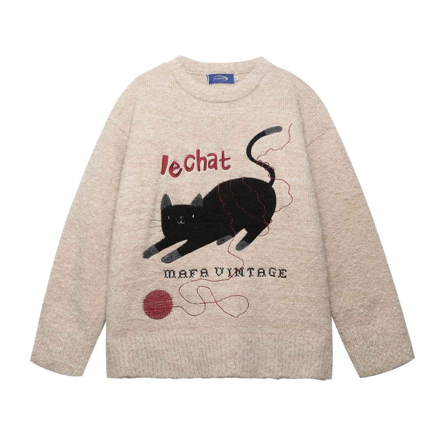 Retro Fun Cute Cat Jacquard Knit Sweater for Women | MuddyStock Originals Khaki MuddyStock