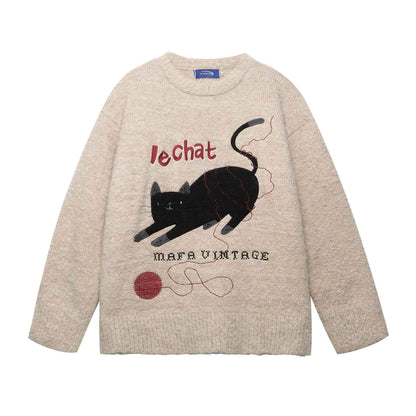Retro Fun Cute Cat Jacquard Knit Sweater for Women | MuddyStock Originals Khaki MuddyStock