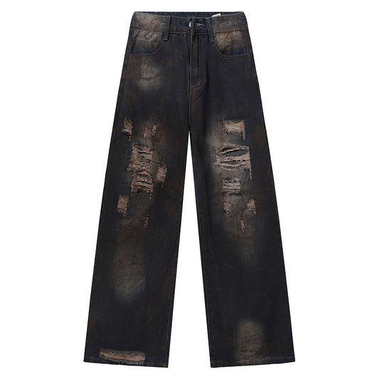 Washed Mud-Dyed Ripped Jeans Men's Loose Wide-Leg Pants