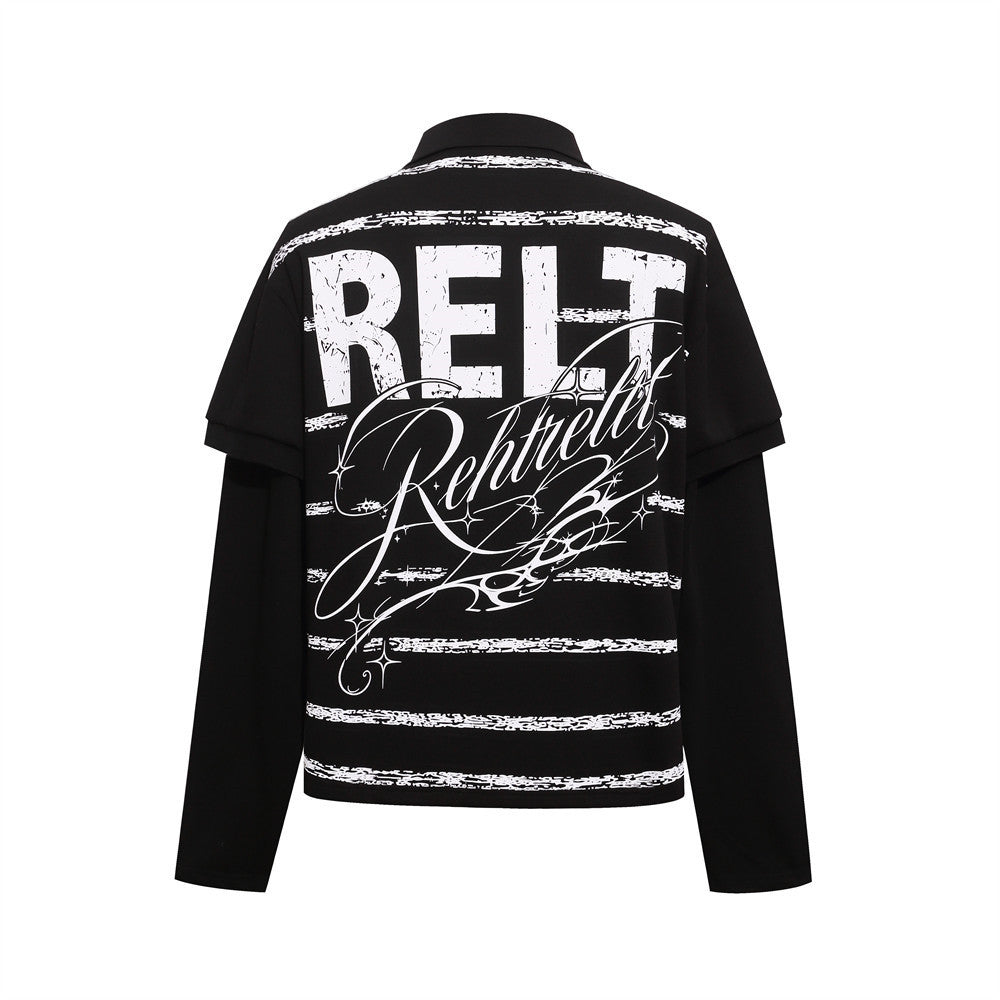 Men's Hip Hop Casual Long Sleeve Polo Collar All Over Print Letters T-Shirt