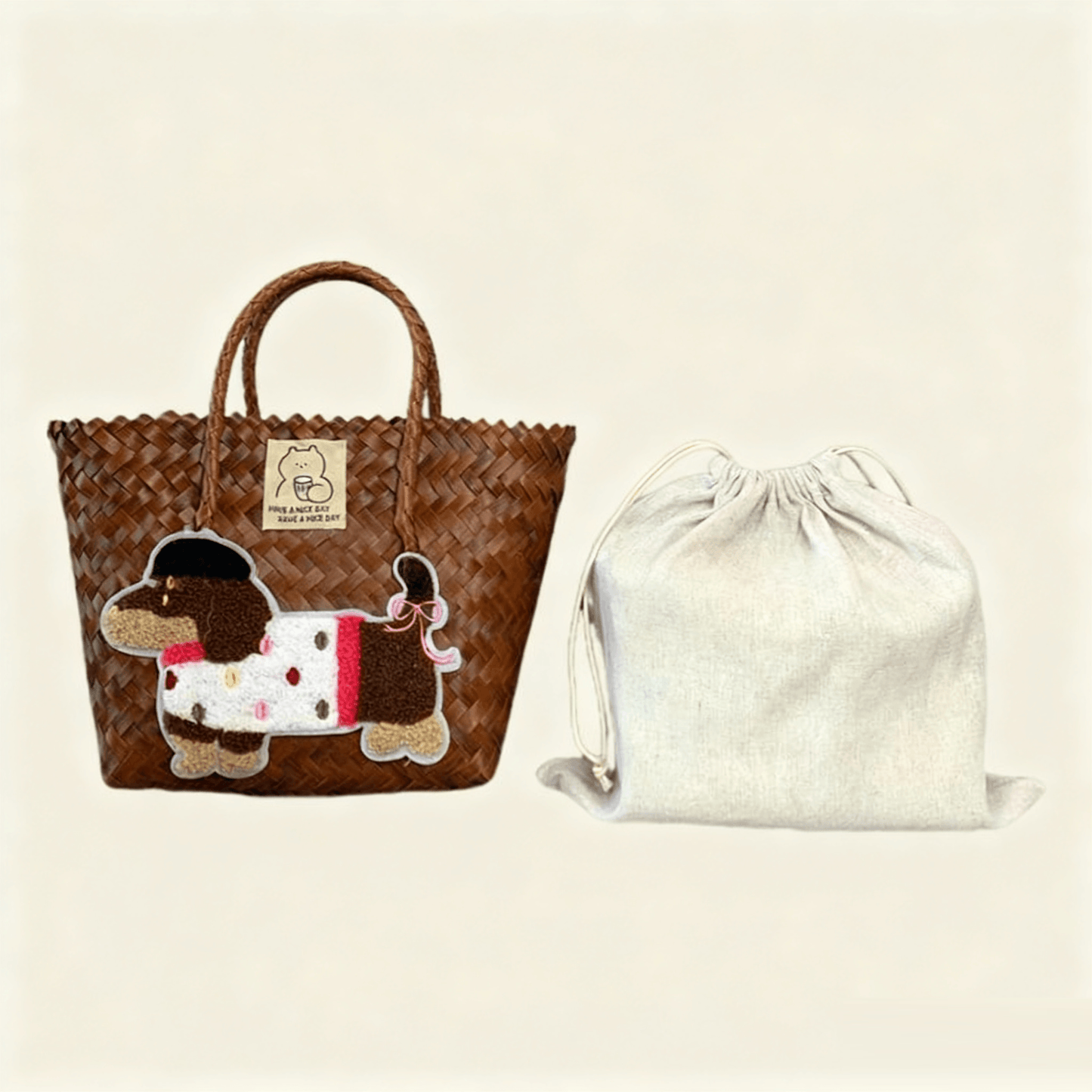 Large capacity sausage dog hand woven cabbage basket bag Handheld - Vintage Brown Lady Dog (with Lining)