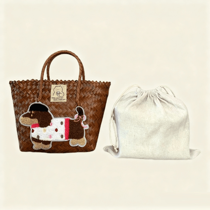 Large capacity sausage dog hand woven cabbage basket bag Handheld - Vintage Brown Lady Dog (with Lining)