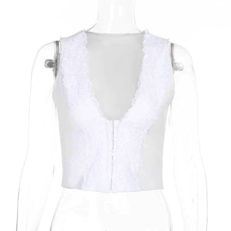 V-neck lace hook and loop top for women | MuddyStock Originals White MuddyStock